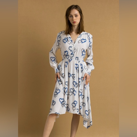 Sandro White and Blue Heart Pattern Dress - Picture 1 of 6